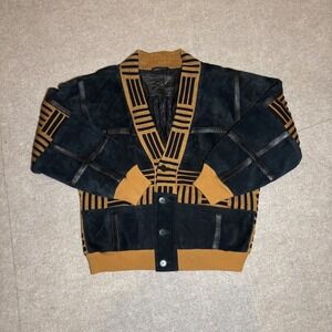 Torras Spain Vintage Suede Leather Knit Bomber Jacket Navy Tan Geometric L